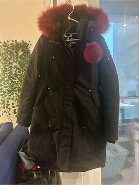 moose knuckles Black Parka Coat with Red Faux-Fur Trim